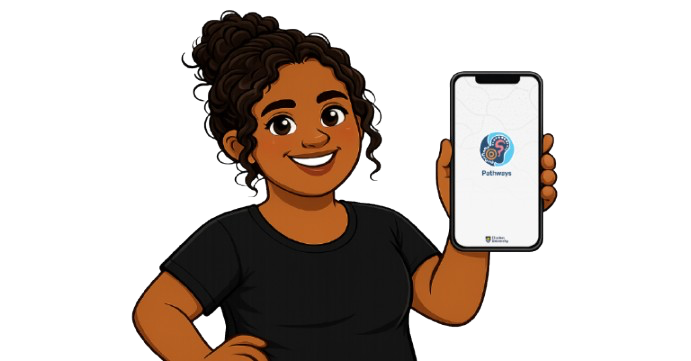 A parent holding a phone showing the Pathways App