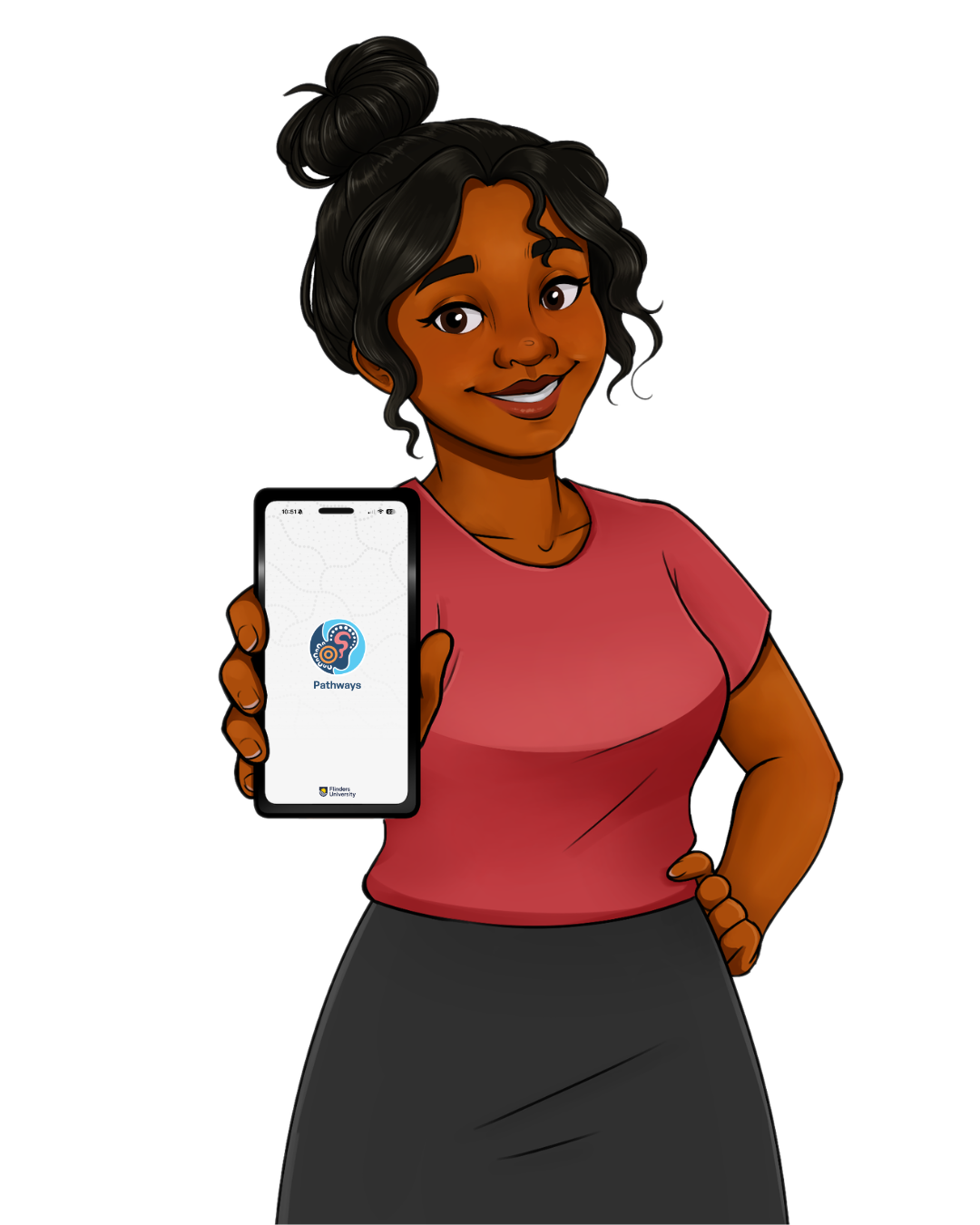 Illustration by Emily Ferry of a parent holding a phone showing the Pathways App